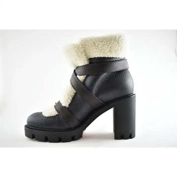 Christian Louboutin Pole Chic 70 Black Leather Shearling Heel Combat Boot 41 - Picture 2 of 9